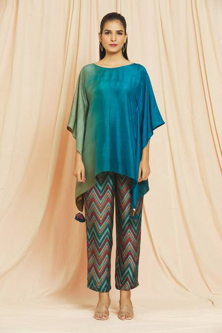 Meghna Panchmatia Blue Silk Tassels Round Neck Ombre Kaftan With Chevron Print Pant Online at Aza Fashions Meghna Panchmatia_Blue Silk Tassels Round Neck Ombre Kaftan With Chevron Print Pant _Online_at_Aza_Fashions