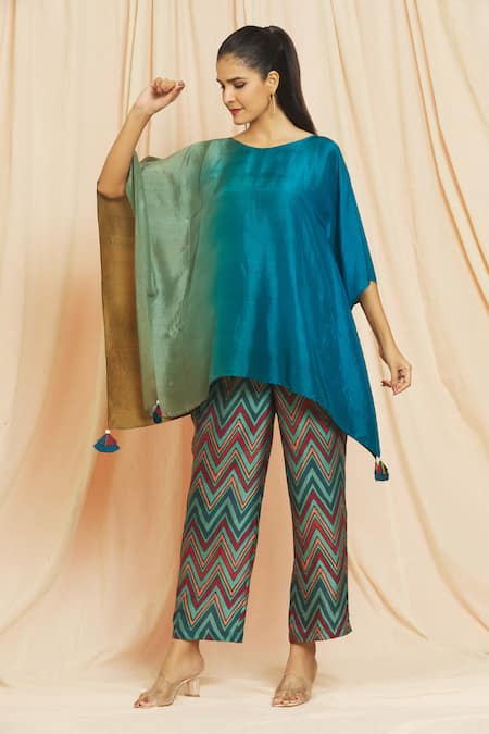 Buy Meghna Panchmatia Blue Silk Tassels Round Neck Ombre Kaftan With Chevron Print Pant Online at Aza Fashions Buy_Meghna Panchmatia_Blue Silk Tassels Round Neck Ombre Kaftan With Chevron Print Pant _Online_at_Aza_Fashions