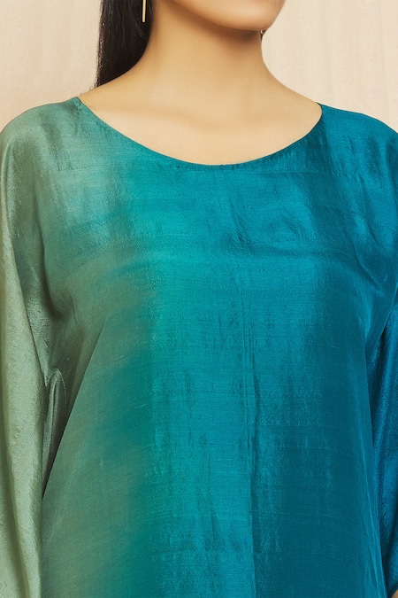 Meghna Panchmatia Blue Silk Tassels Round Neck Ombre Kaftan With Chevron Print Pant at Aza Fashions Meghna Panchmatia_Blue Silk Tassels Round Neck Ombre Kaftan With Chevron Print Pant _at_Aza_Fashions