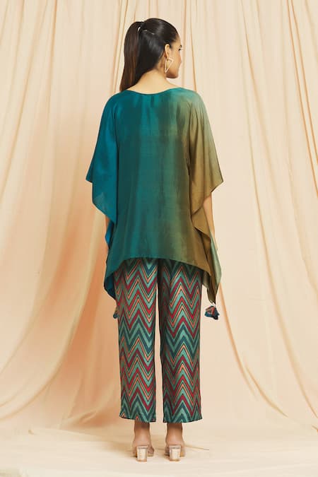 Shop Meghna Panchmatia Blue Silk Tassels Round Neck Ombre Kaftan With Chevron Print Pant at Aza Fashions Shop_Meghna Panchmatia_Blue Silk Tassels Round Neck Ombre Kaftan With Chevron Print Pant _at_Aza_Fashions