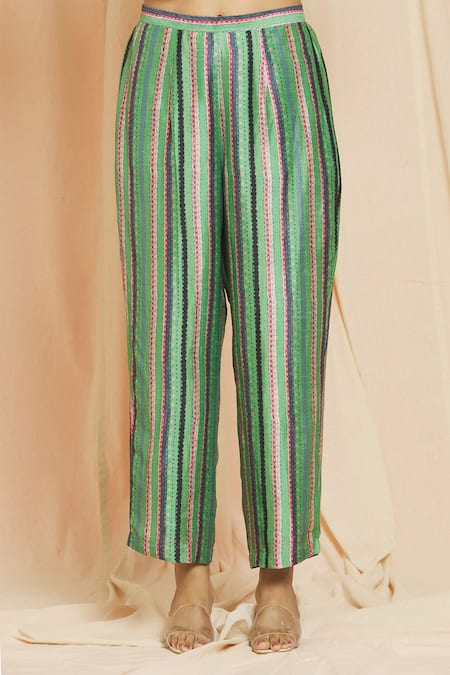 Shop Meghna Panchmatia Green Silk Embroidery Mandarin Collar Floral Mughal Print Kurta With Pant Online at Aza Fashions Shop_Meghna Panchmatia_Green Silk Embroidery Mandarin Collar Floral Mughal Print Kurta With Pant _Online_at_Aza_Fashions