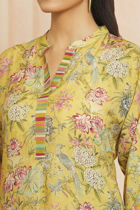 Buy Meghna Panchmatia Yellow Cotton, Silk Mandarin Collar Garden Print Top With Pant Online at Aza Fashions Buy_Meghna Panchmatia_Yellow Cotton, Silk Mandarin Collar Garden Print Top With Pant _Online_at_Aza_Fashions