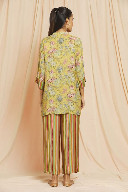 Shop Meghna Panchmatia Yellow Cotton, Silk Mandarin Collar Garden Print Top With Pant at Aza Fashions Shop_Meghna Panchmatia_Yellow Cotton, Silk Mandarin Collar Garden Print Top With Pant _at_Aza_Fashions