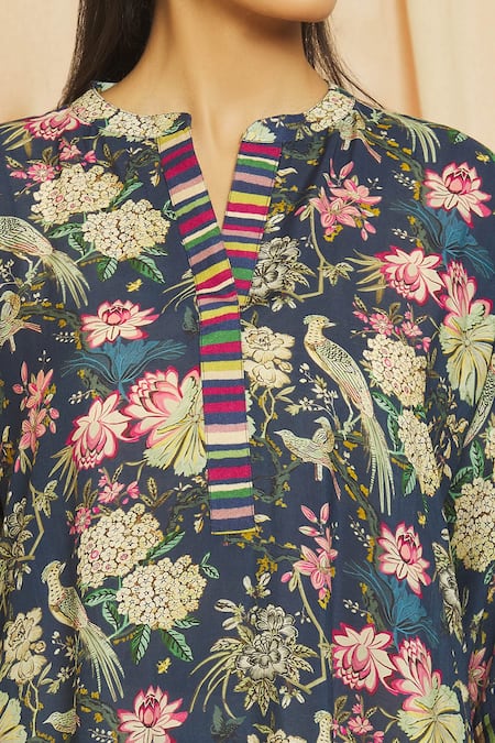 Buy Meghna Panchmatia Blue Cotton, Silk Mandarin Collar Floral Print Top With Pant Online at Aza Fashions Buy_Meghna Panchmatia_Blue Cotton, Silk Mandarin Collar Floral Print Top With Pant _Online_at_Aza_Fashions
