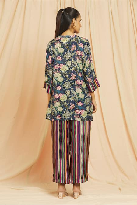 Shop Meghna Panchmatia Blue Cotton, Silk Mandarin Collar Floral Print Top With Pant at Aza Fashions Shop_Meghna Panchmatia_Blue Cotton, Silk Mandarin Collar Floral Print Top With Pant _at_Aza_Fashions