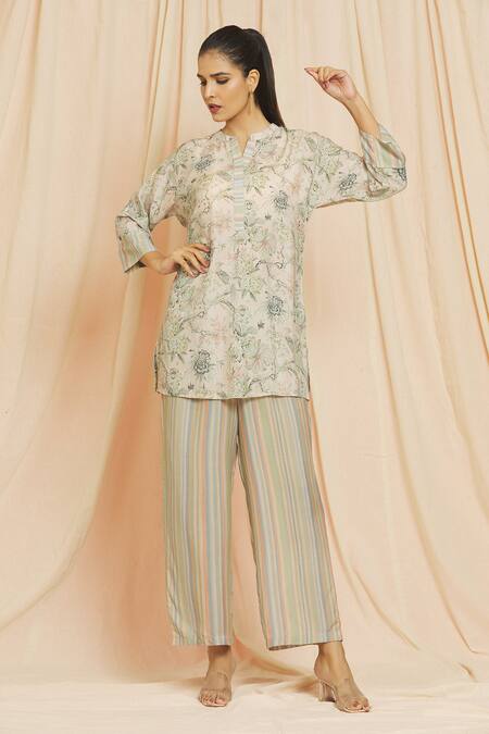 Meghna Panchmatia Beige Cotton, Silk Mandarin Collar Floral Print Top With Pant Online at Aza Fashions Meghna Panchmatia_Beige Cotton, Silk Mandarin Collar Floral Print Top With Pant _Online_at_Aza_Fashions