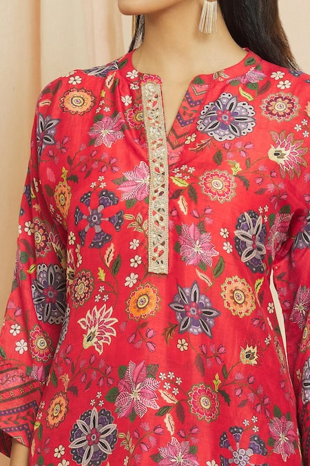 Buy Meghna Panchmatia Red Silk Embroidery Mandarin Collar Printed Top And Pant Set Online at Aza Fashions Buy_Meghna Panchmatia_Red Silk Embroidery Mandarin Collar Printed Top And Pant Set _Online_at_Aza_Fashions