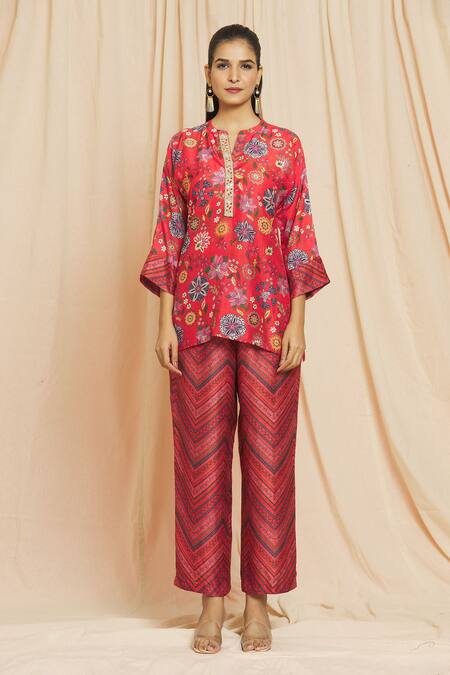 Meghna Panchmatia Red Silk Embroidery Mandarin Collar Printed Top And Pant Set at Aza Fashions Meghna Panchmatia_Red Silk Embroidery Mandarin Collar Printed Top And Pant Set _at_Aza_Fashions