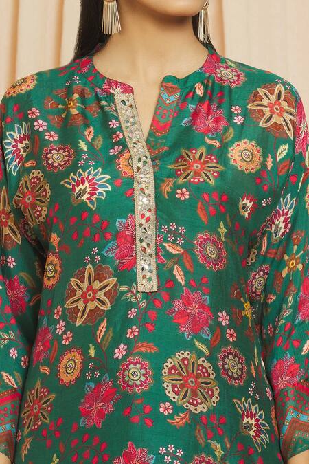 Buy_Meghna Panchmatia_Green Silk Mirrors, Embroidery Mandarin Collar Digital Printed Top And Pant Set _Online_at_Aza_Fashions