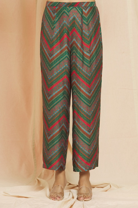 Shop_Meghna Panchmatia_Green Silk Mirrors, Embroidery Mandarin Collar Digital Printed Top And Pant Set _Online_at_Aza_Fashions