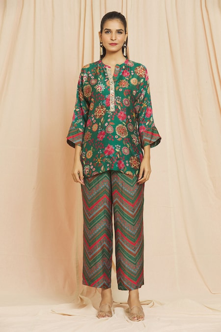 Meghna Panchmatia_Green Silk Mirrors, Embroidery Mandarin Collar Digital Printed Top And Pant Set _at_Aza_Fashions