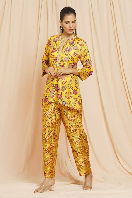 Meghna Panchmatia_Yellow Silk Embroidery, Mirrors Mandarin Collar Floral Print Top And Pant Set _Online_at_Aza_Fashions