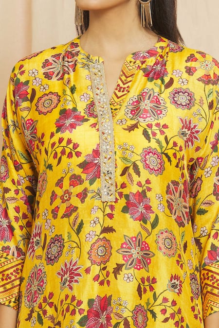 Buy_Meghna Panchmatia_Yellow Silk Embroidery, Mirrors Mandarin Collar Floral Print Top And Pant Set _Online_at_Aza_Fashions