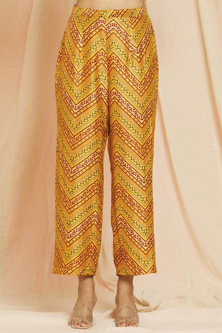 Shop_Meghna Panchmatia_Yellow Silk Embroidery, Mirrors Mandarin Collar Floral Print Top And Pant Set _Online_at_Aza_Fashions