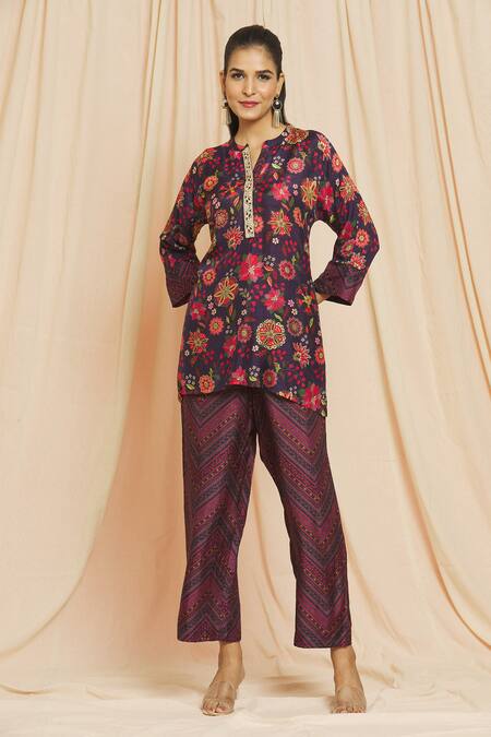 Meghna Panchmatia Purple Silk Mirrors Mandarin Collar Royal Floral Digital Print Top And Pant Set Online at Aza Fashions Meghna Panchmatia_Purple Silk Mirrors Mandarin Collar Royal Floral Digital Print Top And Pant Set _Online_at_Aza_Fashions