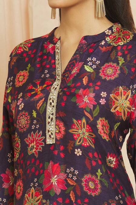 Buy Meghna Panchmatia Purple Silk Mirrors Mandarin Collar Royal Floral Digital Print Top And Pant Set Online at Aza Fashions Buy_Meghna Panchmatia_Purple Silk Mirrors Mandarin Collar Royal Floral Digital Print Top And Pant Set _Online_at_Aza_Fashions