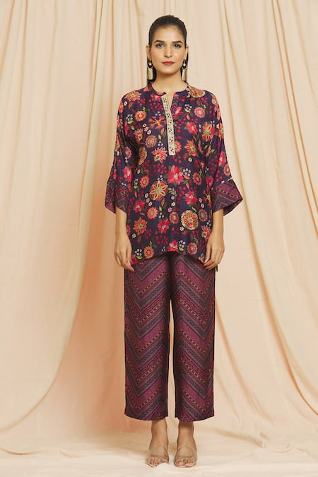 Meghna Panchmatia Purple Silk Mirrors Mandarin Collar Royal Floral Digital Print Top And Pant Set at Aza Fashions Meghna Panchmatia_Purple Silk Mirrors Mandarin Collar Royal Floral Digital Print Top And Pant Set _at_Aza_Fashions