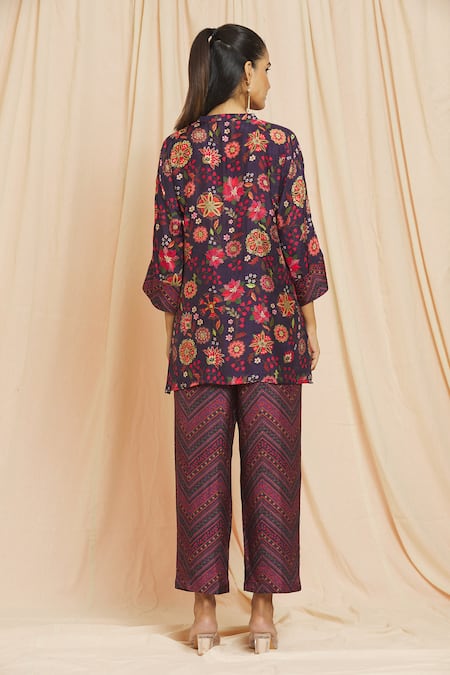 Shop Meghna Panchmatia Purple Silk Mirrors Mandarin Collar Royal Floral Digital Print Top And Pant Set at Aza Fashions Shop_Meghna Panchmatia_Purple Silk Mirrors Mandarin Collar Royal Floral Digital Print Top And Pant Set _at_Aza_Fashions
