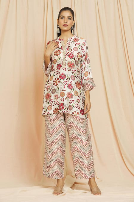 Meghna Panchmatia Ivory Silk Embroidery, Mirrors Royal Floral Digital Print Top And Pant Set Online at Aza Fashions Meghna Panchmatia_Ivory Silk Embroidery, Mirrors Royal Floral Digital Print Top And Pant Set _Online_at_Aza_Fashions