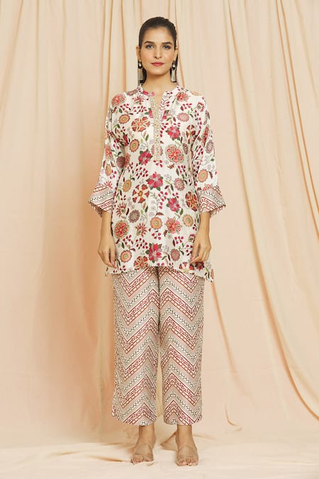 Meghna Panchmatia Ivory Silk Embroidery, Mirrors Royal Floral Digital Print Top And Pant Set at Aza Fashions Meghna Panchmatia_Ivory Silk Embroidery, Mirrors Royal Floral Digital Print Top And Pant Set _at_Aza_Fashions