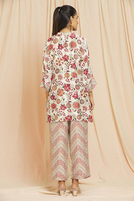 Shop Meghna Panchmatia Ivory Silk Embroidery, Mirrors Royal Floral Digital Print Top And Pant Set at Aza Fashions Shop_Meghna Panchmatia_Ivory Silk Embroidery, Mirrors Royal Floral Digital Print Top And Pant Set _at_Aza_Fashions