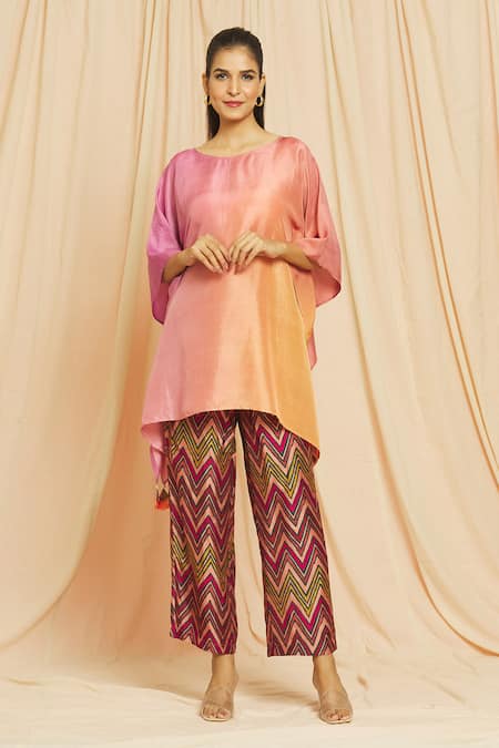 Meghna Panchmatia Peach Dupion Silk Plain Round Ombre Kaftan Top And Printed Pant Set 