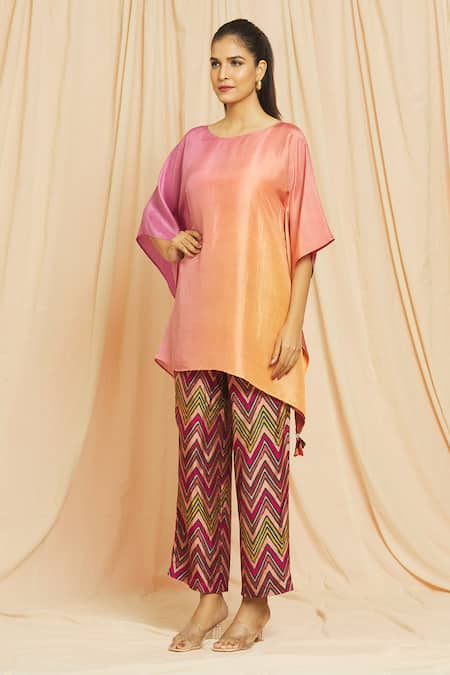 Meghna Panchmatia_Peach Silk Round Neck Ombre Kaftan Top And Printed Pant Set _Online_at_Aza_Fashions