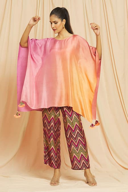 Buy_Meghna Panchmatia_Peach Silk Round Neck Ombre Kaftan Top And Printed Pant Set _Online_at_Aza_Fashions