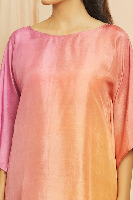 Shop_Meghna Panchmatia_Peach Silk Round Neck Ombre Kaftan Top And Printed Pant Set _Online_at_Aza_Fashions