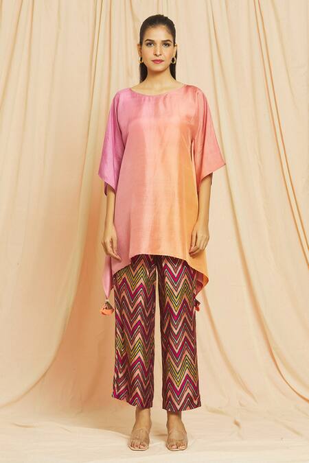 Buy_Meghna Panchmatia_Peach Silk Round Neck Ombre Kaftan Top And Printed Pant Set 