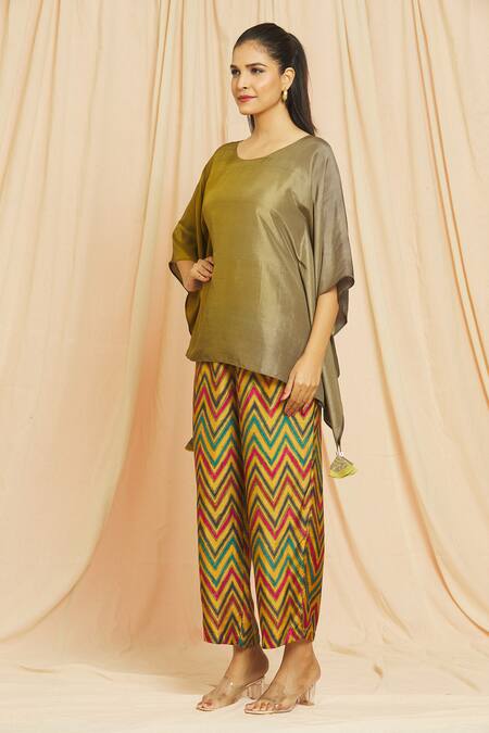 Buy_Meghna Panchmatia_Green Silk Tassels Round Neck Pure Kaftan Top And Printed Pant Set _Online_at_Aza_Fashions