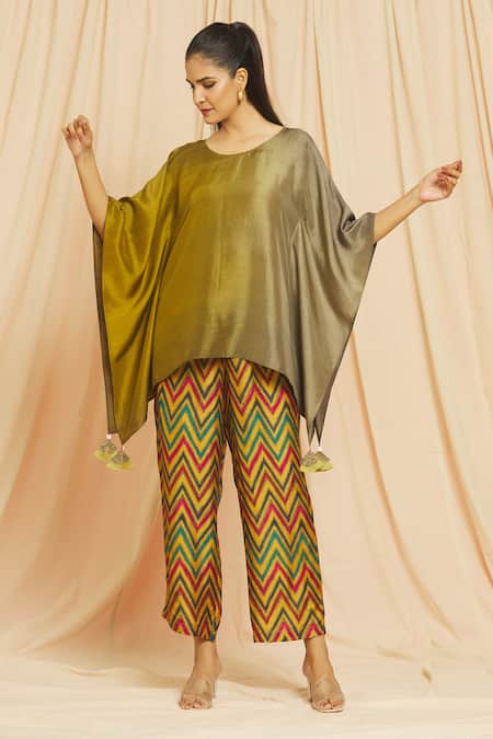 Shop_Meghna Panchmatia_Green Silk Tassels Round Neck Pure Kaftan Top And Printed Pant Set _Online_at_Aza_Fashions