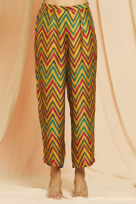 Buy_Meghna Panchmatia_Green Silk Tassels Round Neck Pure Kaftan Top And Printed Pant Set 