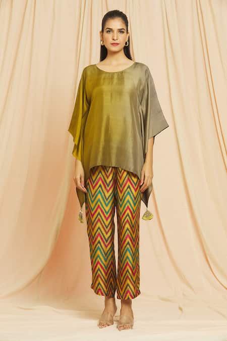 Shop_Meghna Panchmatia_Green Silk Tassels Round Neck Pure Kaftan Top And Printed Pant Set 