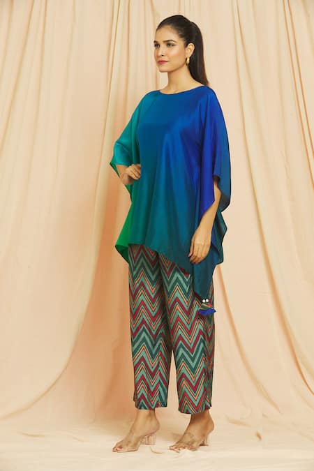 Meghna Panchmatia Blue Silk Tassels Round Neck Pure Ombre Kaftan And Pant Set Online at Aza Fashions Meghna Panchmatia_Blue Silk Tassels Round Neck Pure Ombre Kaftan And Pant Set _Online_at_Aza_Fashions