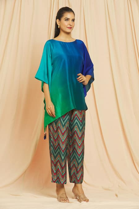 Buy Meghna Panchmatia Blue Silk Tassels Round Neck Pure Ombre Kaftan And Pant Set Online at Aza Fashions Buy_Meghna Panchmatia_Blue Silk Tassels Round Neck Pure Ombre Kaftan And Pant Set _Online_at_Aza_Fashions