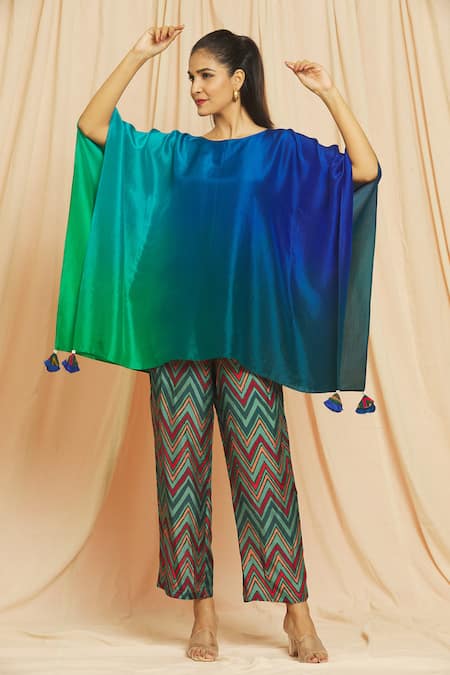 Shop Meghna Panchmatia Blue Silk Tassels Round Neck Pure Ombre Kaftan And Pant Set Online at Aza Fashions Shop_Meghna Panchmatia_Blue Silk Tassels Round Neck Pure Ombre Kaftan And Pant Set _Online_at_Aza_Fashions