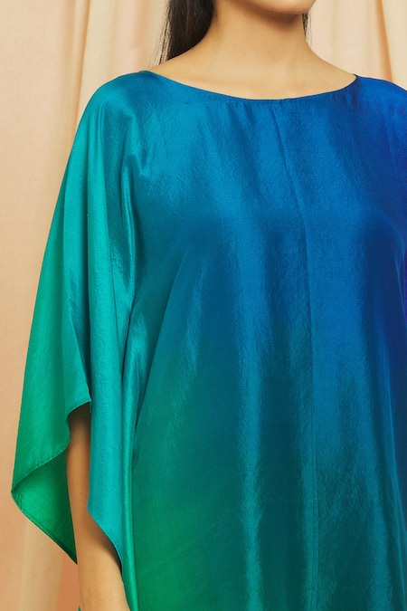 Meghna Panchmatia Blue Silk Tassels Round Neck Pure Ombre Kaftan And Pant Set at Aza Fashions Meghna Panchmatia_Blue Silk Tassels Round Neck Pure Ombre Kaftan And Pant Set _at_Aza_Fashions