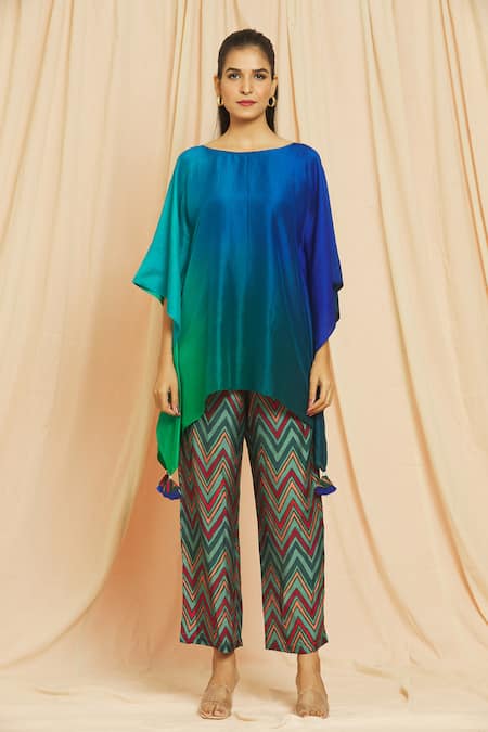 Shop Meghna Panchmatia Blue Silk Tassels Round Neck Pure Ombre Kaftan And Pant Set Shop_Meghna Panchmatia_Blue Silk Tassels Round Neck Pure Ombre Kaftan And Pant Set