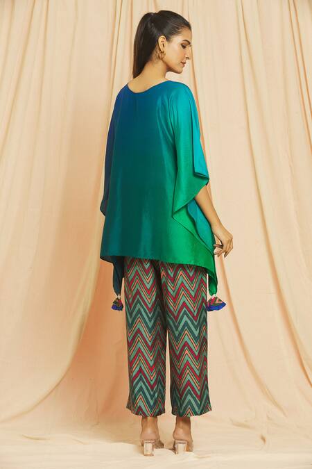 Shop Meghna Panchmatia Blue Silk Tassels Round Neck Pure Ombre Kaftan And Pant Set at Aza Fashions Shop_Meghna Panchmatia_Blue Silk Tassels Round Neck Pure Ombre Kaftan And Pant Set _at_Aza_Fashions