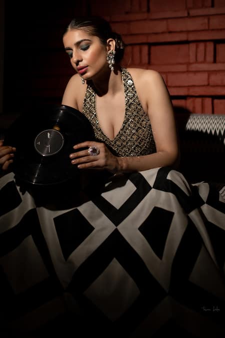 Buy_Vandana Sethi_Black Denim, Silk Mirrors, Crystals Mirrorwork Embellished Blouse Lehenga Set 