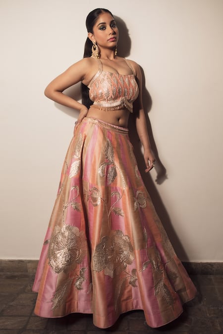 Vandana Sethi_Multi Color Silk, Denim Tassels Square Neck Gota Patti Embroidered Lehenga Set _at_Aza_Fashions