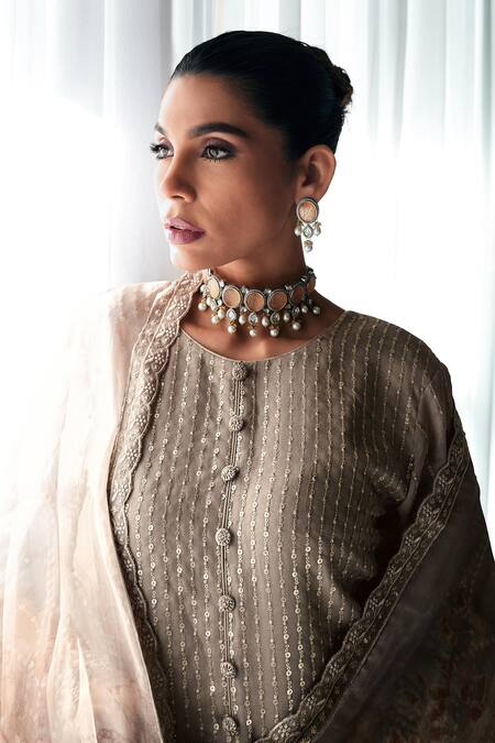 Label Varsha_Beige Tissue, Viscose Sequins, Embroidery Round Neck Kurta Sharara Set_Online_at_Aza_Fashions