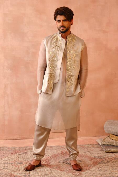Buy_PS Men By Payal Singhal_Grey Satin, Georgette Embroidery Bundi And Jogger Pant Set _Online_at_Aza_Fashions