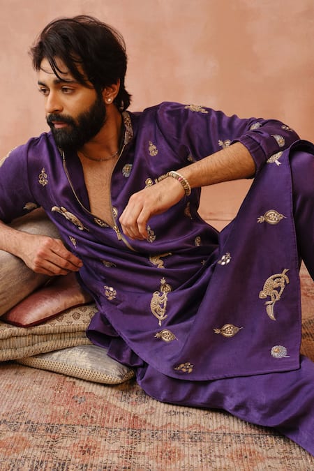 PS Men by Payal Singhal Purple Satin Embroidered Animal Bomber Kurta And Jogger Pant Set 