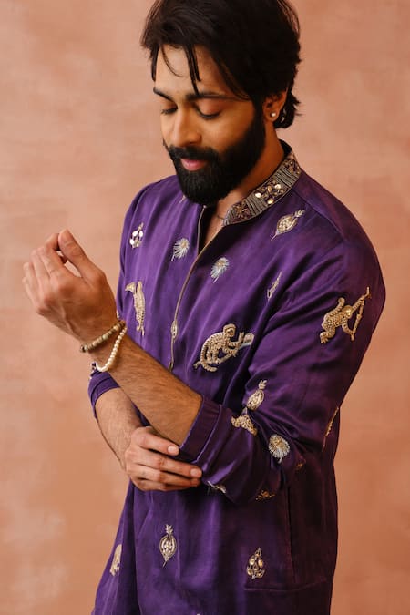 PS Men by Payal Singhal_Purple Satin Embroidery Animal Bomber Kurta And Jogger Pant Set _Online_at_Aza_Fashions