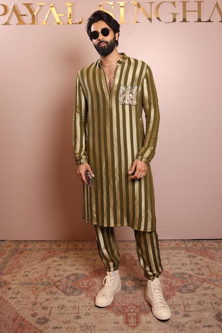 PS Men by Payal Singhal Green Banarasi Georgette Embroidered Stripe Bomber Kurta And Jogger Pant Set 