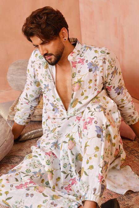 PS Men By Payal Singhal_Ivory Linen Nargis Print Bomber Kurta And Jogger Pant Set _Online_at_Aza_Fashions