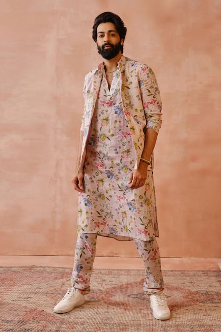 PS Men by Payal Singhal Pink Linen Printed Nargis Bundi And Jogger Pant Set 