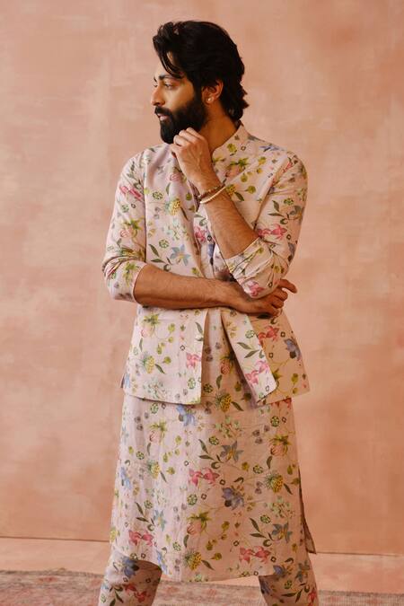 PS Men By Payal Singhal_Pink Linen Embroidery Printed Bundi And Jogger Pant Set _Online_at_Aza_Fashions